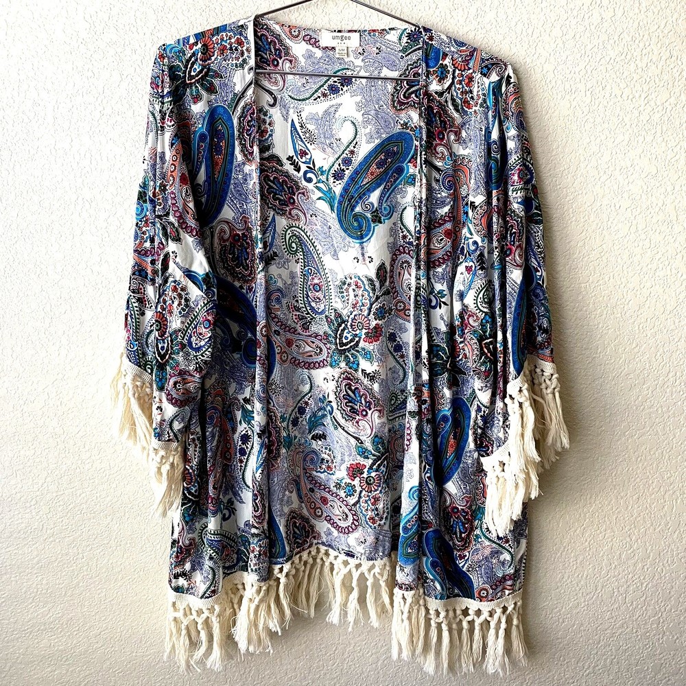Umgee Womens Cardigan Size S/M Paisley Floral Open Front Fringe Hem